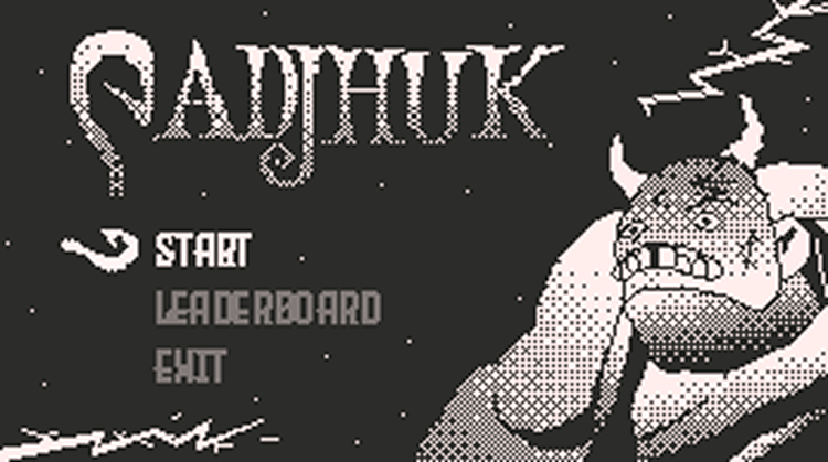 PadjHuk title screen with a horned monster and lightning above the menu