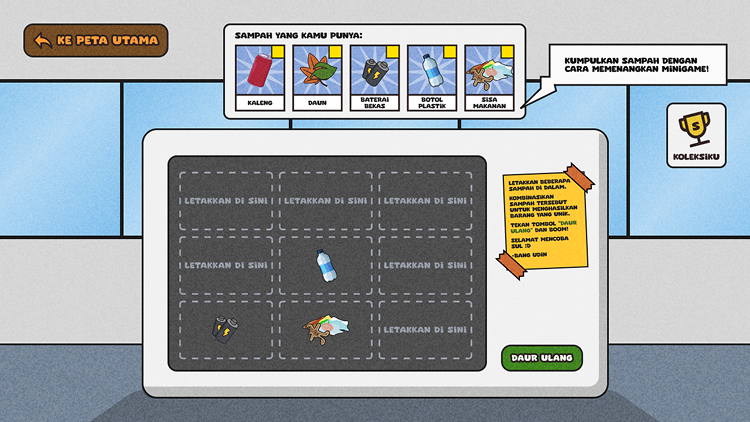 Samsul Recycle gameplay showing the recycling minigame with item slots and a timer