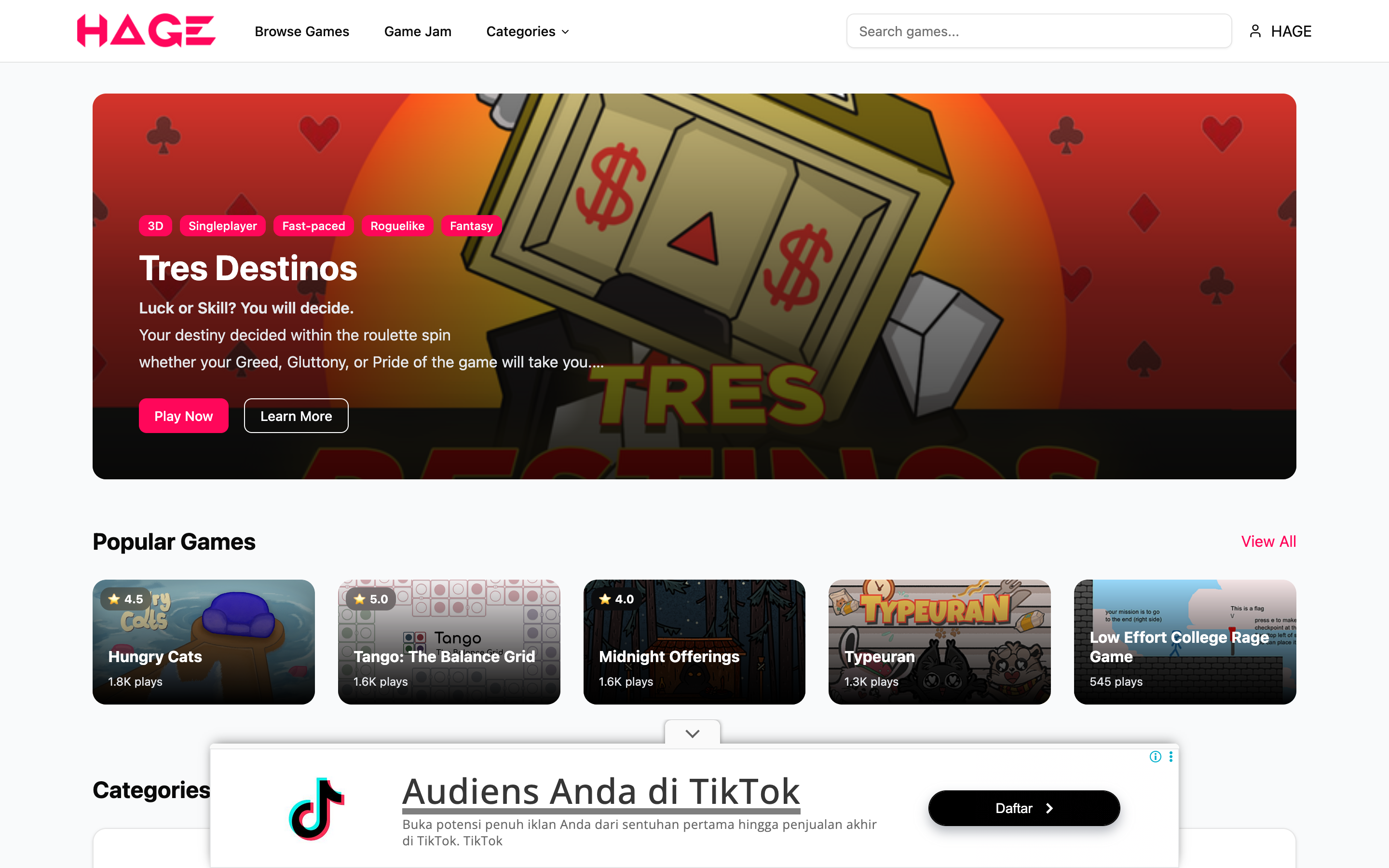 HAGE Games landing page showing a featured pixel adventure game and a popular games grid